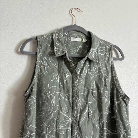 Ecothreads Women’s Button Up Blouse Sleeveless Linen Top size Large green floral - Picture 2 of 10